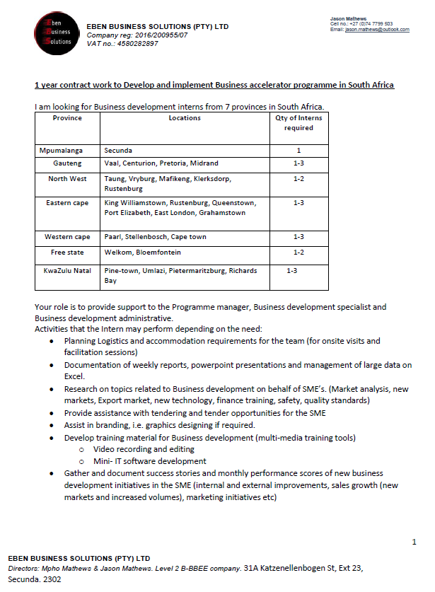 Advert for Business development page 1
