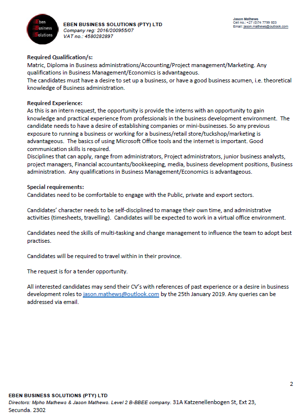 Advert for Business development page 2