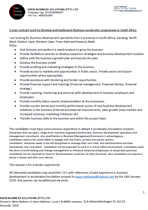 Advert for Business development specialists